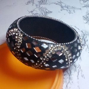 Chunky Black Bangle Bracelet w/silver beads,Rhinestone & Glass Mosaique Art